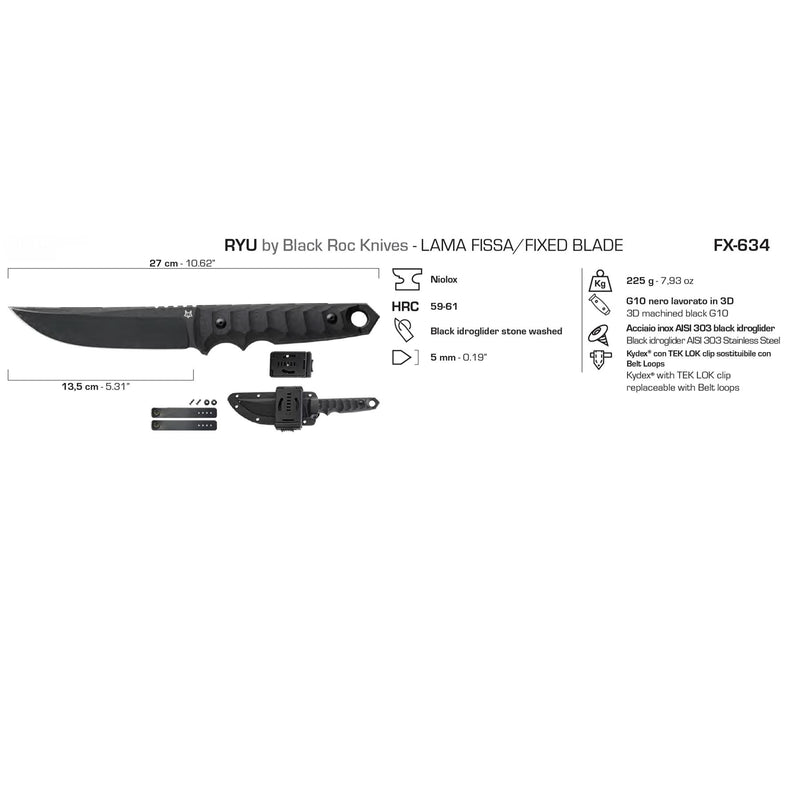 Fox Knives RYU tactical modified tanto shape fixed blade knife stone washed black