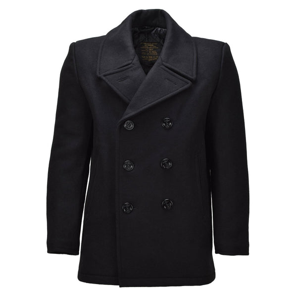 MIL-TEC Mens Pea Coat Wool Blend Navy Style Double Breasted Jacket Black