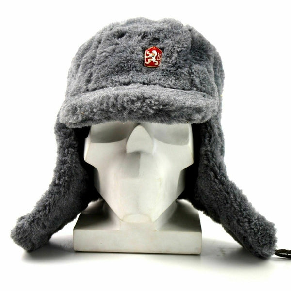 Genuine Czech army winter cap Ushanka grey fur warm hat CZ military isignia